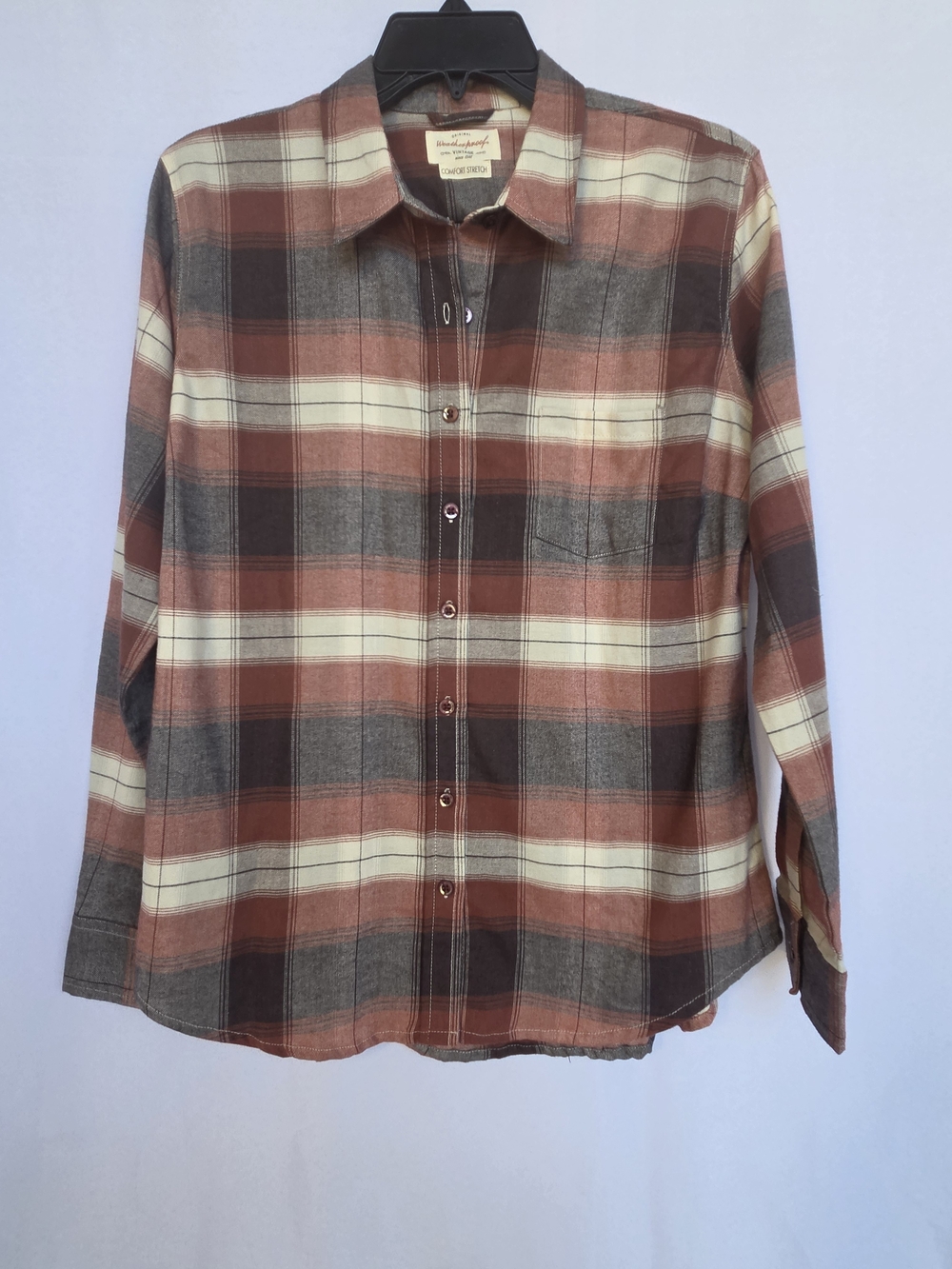 Weatherproof Plaid Button-Down Shirt in Rust, Cream, and Gray